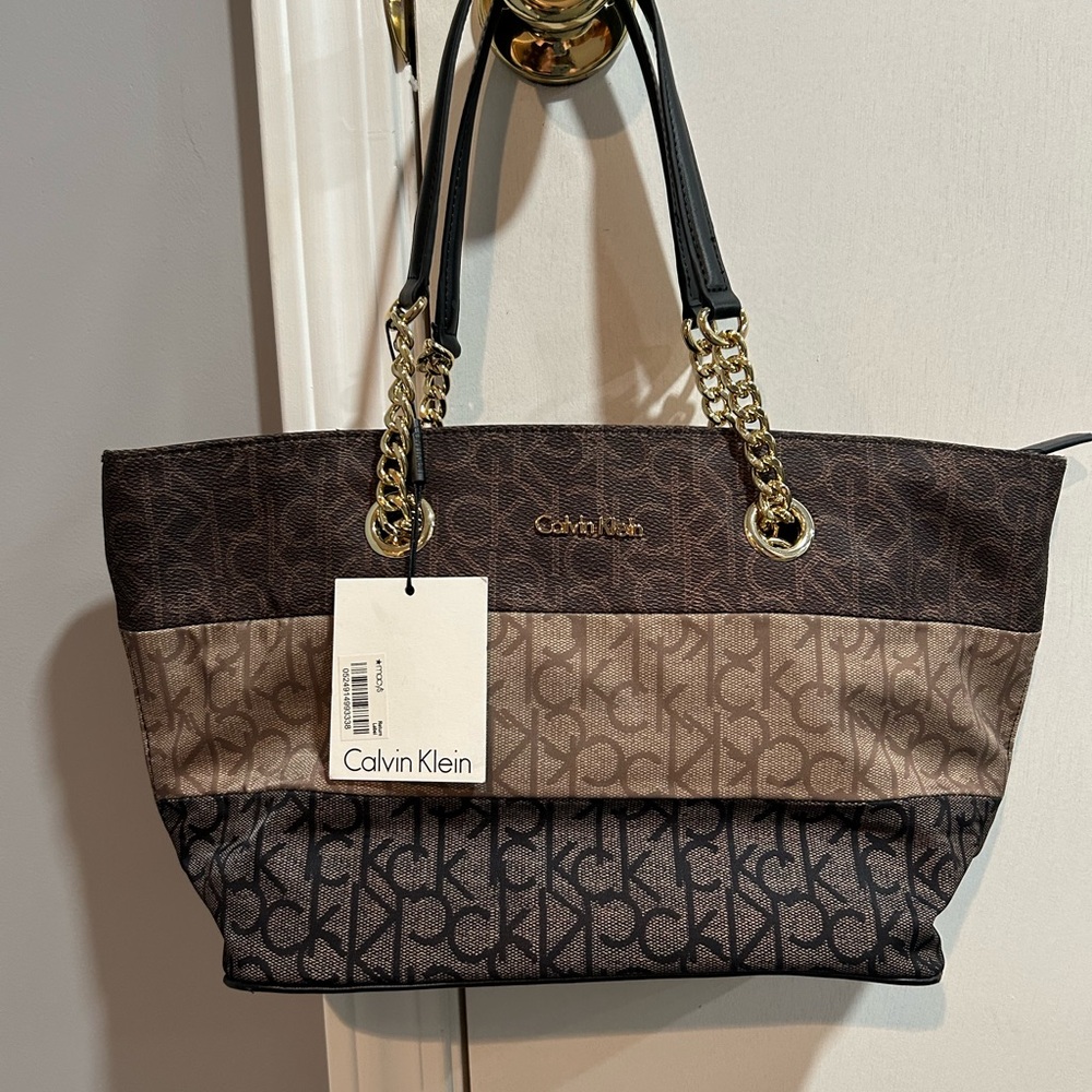 New Calvin Klein Brown and Tan Tote with Signature Monogram